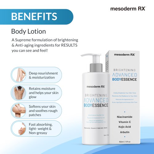 Mesoderm RX Advanced Skin Hydrating Brightening Body Essence, Niacinamide, Kojic Acid, Vitamin C, Hyaluronic Acid, Alpha Hydroxy Acids - Enhance, Smooth, Reduce Dark Spots, Uneven Skin Tone, 150ml.
