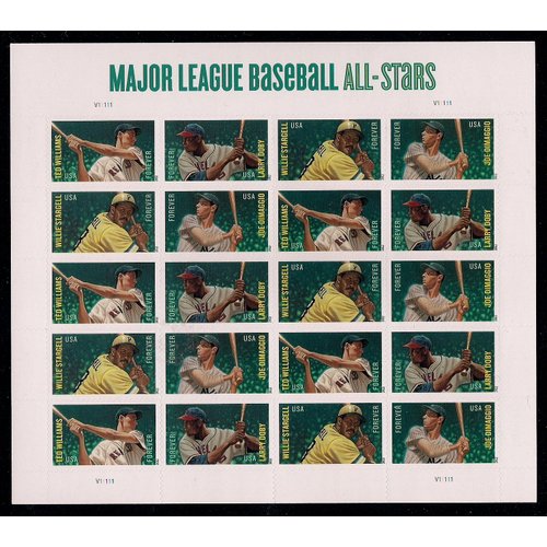 USPS Forever Stamps Baseball All Stars - sheet of 20 postage stamps (Willie Stargell, Larry Doby, Ted Williams, Joe Dimaggio)