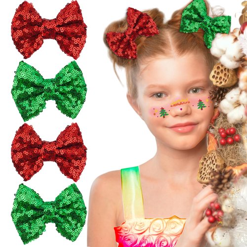 4Pcs Christmas Hair Bow Clip Red Green Sparkly Glitter Sequins Bow Hairpin Ribbon Bows Hair Barrettes Hair Accessories for Women Girls Wedding Christmas Xmas Birthday Party Headwear
