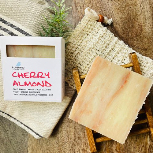 Bluebyrd Soap Co. Cherry Almond Aloe Soap Bar for Men | Vegan All in One Shampoo Beard & Body Wash | Made with Organic Aloe & Bentonite and Kaolin Clay | For All Skin & Hair Types | USA Made (CHERRY)