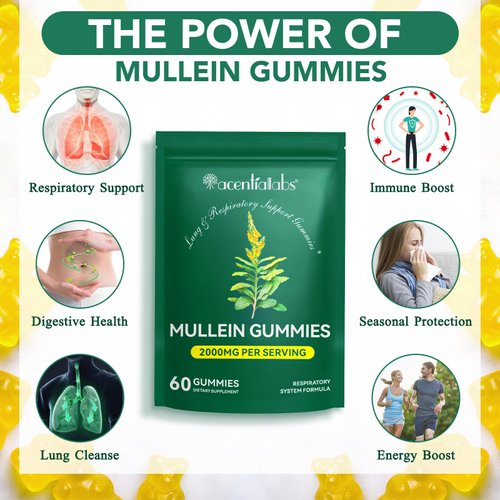 Mullein Gummies for Lungs, 2000mg Mullein Leaf Herb Extract, Organic Mulleins Gummies for Lung Cleanse, Support Respiratory Digestive Immune System, 60pcs
