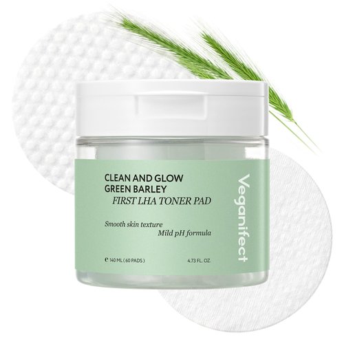 Veganifect Clean and Glow Green Barley First LHA Toner Pad, Vegan Certified, Daily Exfoliating, Improving Skin Texture, 60 Pads