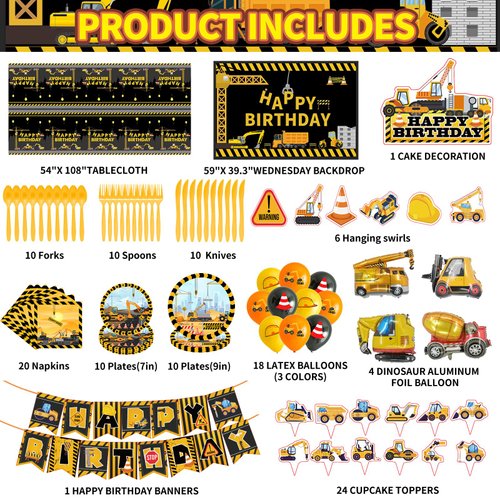 Construction Birthday Party Supplies, Dump Truck Party Decorations Include Happy Birthday Banner, Backdrop, Tableware Set, Tablecloth, Cake Toppers, Cupcake Toppers, Latex Balloons, Foil balloons