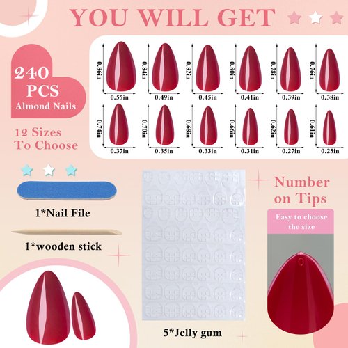 Bellelfin 240Pcs Almond Press on Nails Short, Glossy Red Fake Nails Full Cute False Nails Solid Color Acrylic Almond Nails Press on with 5 Sheets Adhesive Tabs for Women Girls Fingernails Artificial