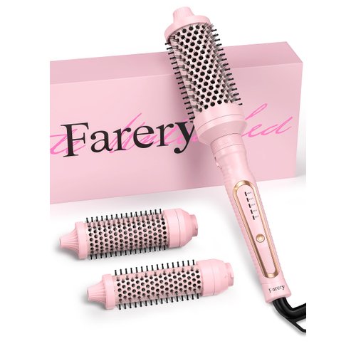 Farery PRO 3-in-1 Thermal Brush Set - Adjustable Temperature, Detachable Curling Brush Heads (1.25", 1.5", 1.77"), Dual MCH, 20s Fast Heating for Quick Volume & Effortless Curls, Rose Pink