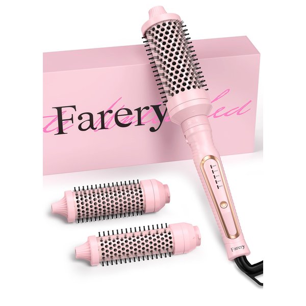 Farery PRO 3-in-1 Thermal Brush Set - Adjustable Temperature, Detachable Curling Brush Heads (1.25", 1.5", 1.77"), Dual MCH, 20s Fast Heating for Quick Volume & Effortless Curls, Rose Pink