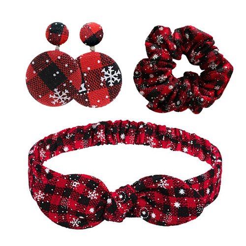 AMOR SPES 3 Pack Christmas Hair Elastics Tie Headband Earring Sets Plad Scrunchies Ponytail Holder Cross Knot Headbands And Earring Christmas Hair Accessories for Women Girls (Red)