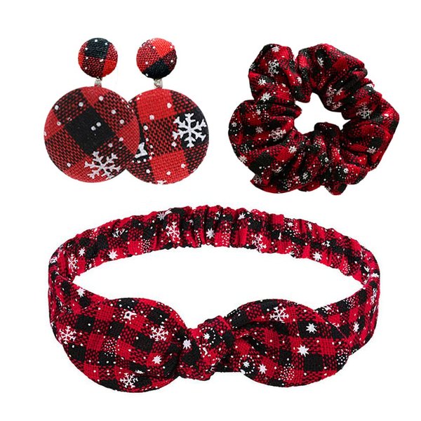 AMOR SPES 3 Pack Christmas Hair Elastics Tie Headband Earring Sets Plad Scrunchies Ponytail Holder Cross Knot Headbands And Earring Christmas Hair Accessories for Women Girls (Red)