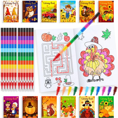 24 Thanksgiving Coloring Books Party Favors with 24 Crayons Fall Mini Drawing Book Bulk for Kids Autumn Pumpkin Party Thanksgiving Birthday Party Favors Goodie Bag Gift Stuffer Activity Supplies