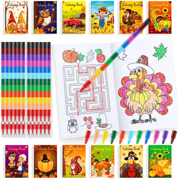 24 Thanksgiving Coloring Books Party Favors with 24 Crayons Fall Mini Drawing Book Bulk for Kids Autumn Pumpkin Party Thanksgiving Birthday Party Favors Goodie Bag Gift Stuffer Activity Supplies