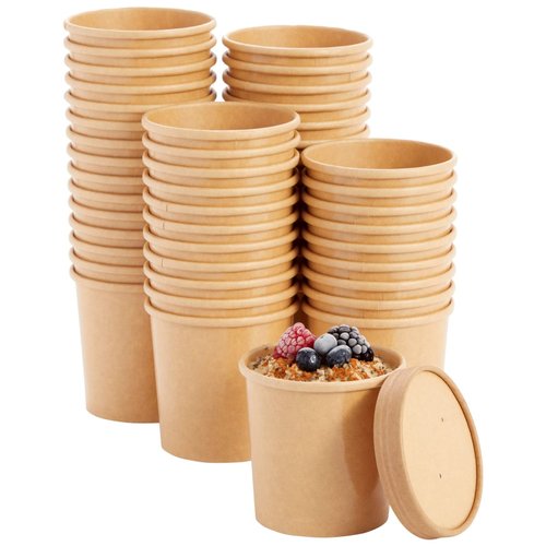Juvale 50-Pack 12 oz To Go Soup Containers with Lids, Microwave-Safe, Disposable Paper Bowls with Vented Lids, Cups for Ice Cream, Dessert, Frozen Yogurt, Oatmeal (Brown)