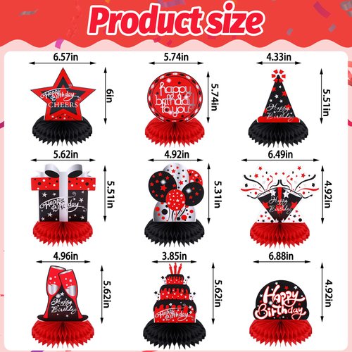Leyndo 9 Pcs Red and Black Table Decorations Honeycomb Centerpieces Birthday Table Decorations Red Black Centerpieces for Tables Party Supplies Table Topper Sign for Adults