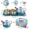 15 PCS Mermaid Tea Party Set for Little Girls, Pretend Tin Teapot Set, Princess Tea Time Play Kitchen Toy with Cups, Plates and Carrying Case for Birthday Gifts Kids Toddlers