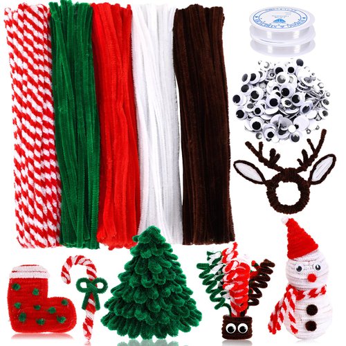 UPINS 550pcs Christmas Pipe Cleaners Set Including 5 Colors of Chenille Stems and Wiggle Googly Eyes for Christmas Party DIY Art Craft Supplies Decoration