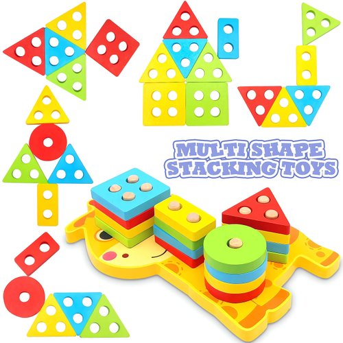 TOLOLO Montessori Toys for 1 2 3 4 Year Old Boy Girl, Sensory Wooden Sorting and Stacking Toy for Toddlers 1-3, Educational Learning Toy for Baby, Color Recognition Shape Sorter Toddler Toys Age 1-2