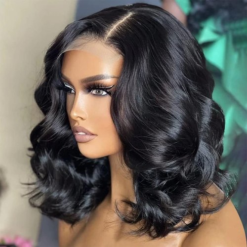 Glueless Wigs Human Hair Short Bob Wig Body Wave HD Lace Front Wigs for Black Women Wear and Go Pre Plucked 4x4 Lace Closure Wigs Brazilian Virgin Hair Natural Black Color 14inch (Full and soft)