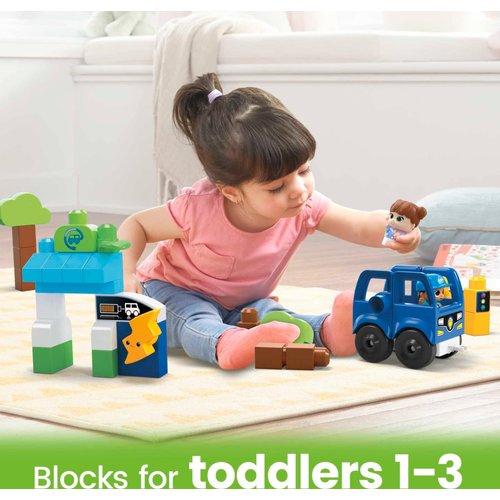 Mega BLOKS Fisher-Price Toddler Building Blocks, Green Town Charge & Go Buswith 34 Pieces, 2 Figures, Toy Gift Ideas for Kids