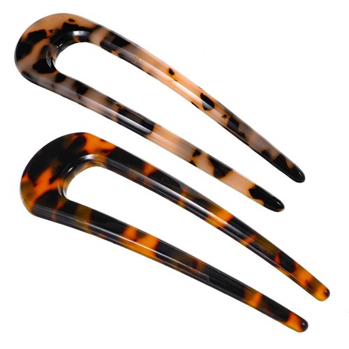 2 Pcs French Hair Pins Leopard Color French Pins for Thick Hair Tortoise Shell U Shape Updo Hair Forks Women Vintage Hairstyle Accessories Cellulose Acetate 2 Prong Bun Hair Sticks for All Hairstyle