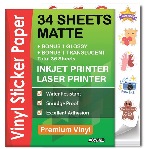 Premium Printable Vinyl Sticker Paper for Inkjet & Laser Printer - 34 Sheets Self-Adhesive Sheets Matte White Waterproof, Dries Quickly Vivid Colors, Holds Ink well- Tear Resistant