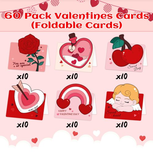 PARTYWIND 60 Pack Valentines Cards for Kids, Foldable Greeting Cards for Happy Valentine's Day, Bulk Valentines Day Cards for Kids Classroom Exchange, Party Supplies Decorations