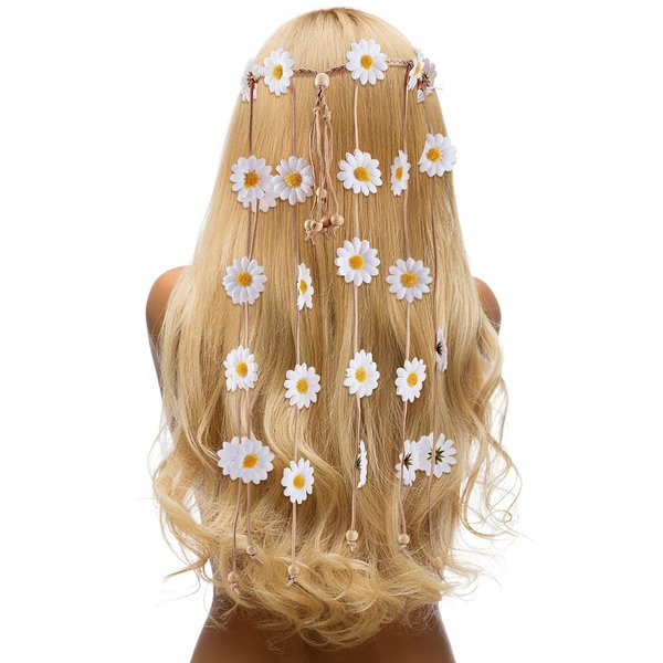 CRASPIRE Flower Headband Sunflower Headbands Floral Crown Boho Behemain White Daisy Headpiece with Adjust Beads Hair Bands Tassel Hair Accessories for Party Cosplay Costume Headdress
