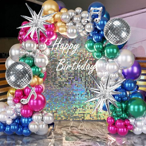 ECEAE Metallic Balloon Garland Kit Disco Ball Colorful 80s 90s Retro Dance Party Chrome Decor 131Pcs in Silver, Green, Blue, Gold, Purple，Red for Bachelorette Sing Themed Boogie Karaoke Decoracion