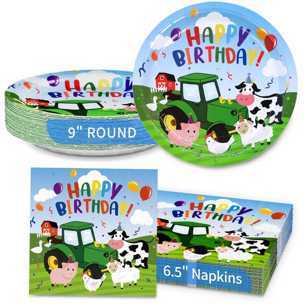 DYLIVeS Farm Animals Birthday Party Decorations, Disposable Farm House Theme Paper Dinner Plates and Luncheon Napkins Set Cow Pig Sheet Chick Animals Barnyard Baby Shower Party Supplies, Serve 16