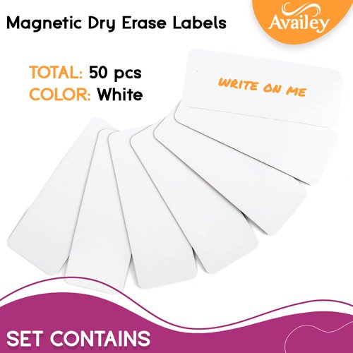 Availey 50 Pieces (3.2 x 1.2") - White Magnetic Dry Erase Labels - Reusable Strips for Classroom Home Office Garage Refrigerator Blank Writable Erasable Cards Name Tags Students Locker Shelf