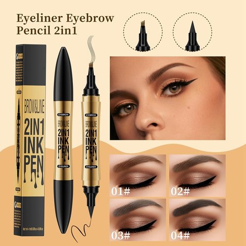 2 in 1 Microblading Eyebrow Pen & Liquid Eyeliner Pen, New Microblading Eyebrow Pen Tattoo Pencil 4 Fork Tip with Eyeliner Pen, Natural Looking Waterproof Eyebrow Pencil (02# Dark Brown)