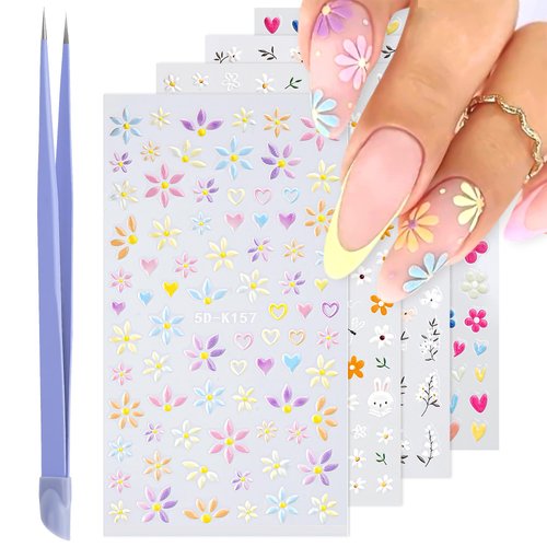 Flower Nail Art Stickers, 5D Embossed Nail Decals Nail Art Design Self Adhesive Nail Supplies with Nail Tweezer, Colorful Flower Nail Stickers for Women Manicure Decoration