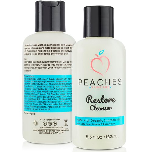 Peaches Skin Care Face Cleanser (5.5 oz) - Post-Workout Face Wash - Vegan Facial Cleanser - Enriched with Gotu Kola, Lemongrass and Eucalyptus -Restore Cleanser