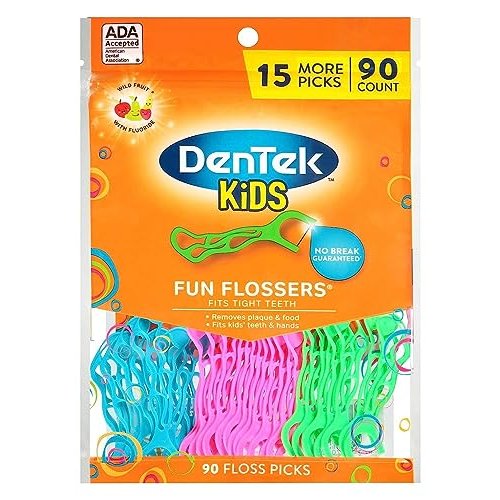 DenTek Kids Fun Flossers, Removes Food & Plaque, Wild Fruit Flavored Floss Picks, 75 Count, 6 Pack