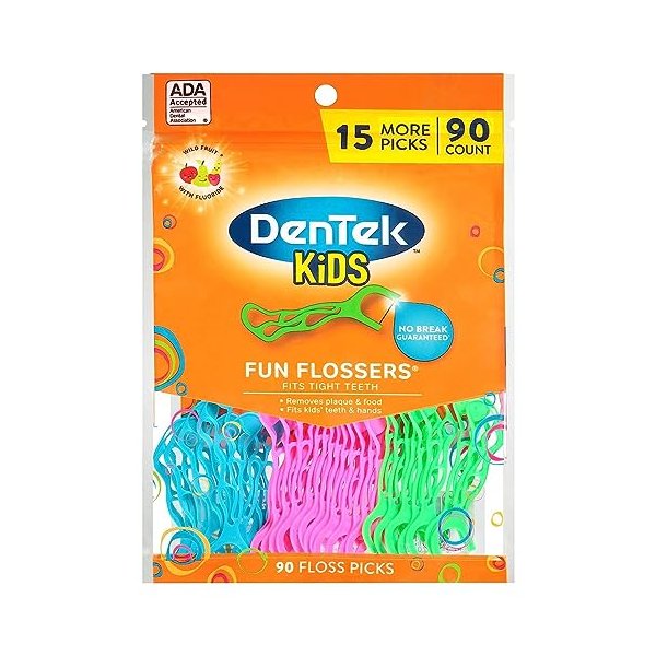 DenTek Kids Fun Flossers, Removes Food & Plaque, Wild Fruit Flavored Floss Picks, 75 Count, 6 Pack