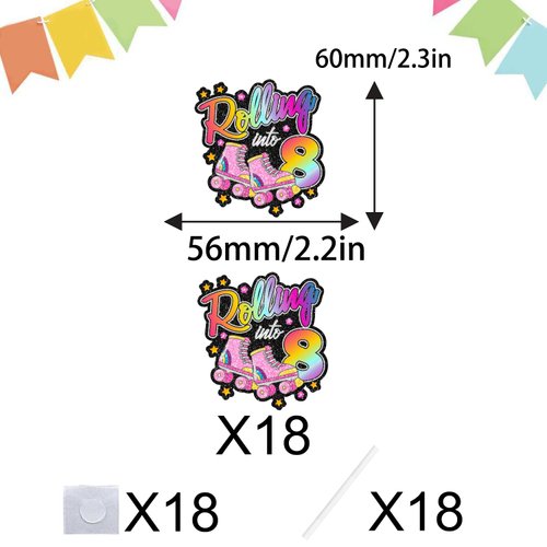 Roller Skate 8th Birthday Cupcake Toppers 18-PC Set - Lovely Roller Skate Themed Birthday Party, Retro Roller Skate Themed Party, or Disco Ball Party Decoration for Boys or Girls - LIANGSS