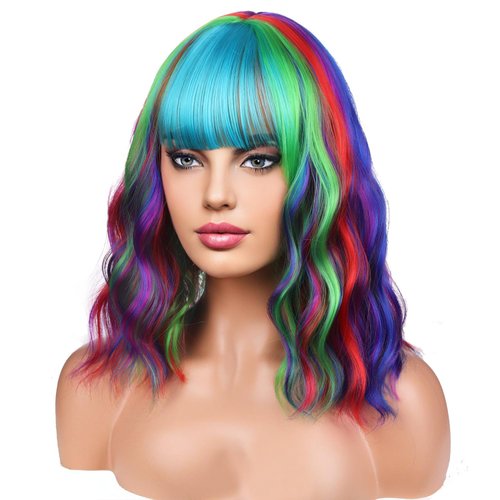 BERON 14 Inches Rainbow Wig Short Curly Wig Women Girl&#39;s Synthetic Wig Rainbow Wig with Bangs Wig...