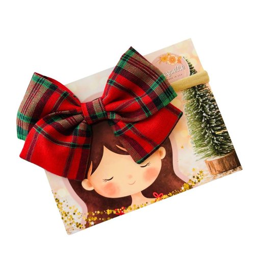 Christmas Plaid Hair Bow, Classic Red and Green Hair Bows, Toddler and Girls Christmas accessories, hair clips or headbands, Made in USA (Signature Nylon Headband)