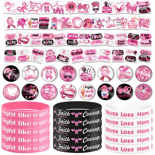 HOWAF 48pcs Breast Cancer Awareness Temporary Tattoos, 15pcs Breast Cancer Awareness Bracelets, 16pcs Breast Cancer Awareness Buttons Badge, Breast Cancer Awareness Party Favors 79pcs