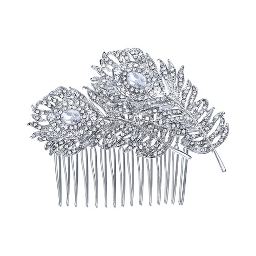 EVER FAITH Women's Austrian Crystal Wedding Elegant 2 Peacock Feather Hair Comb Clear Silver-Tone