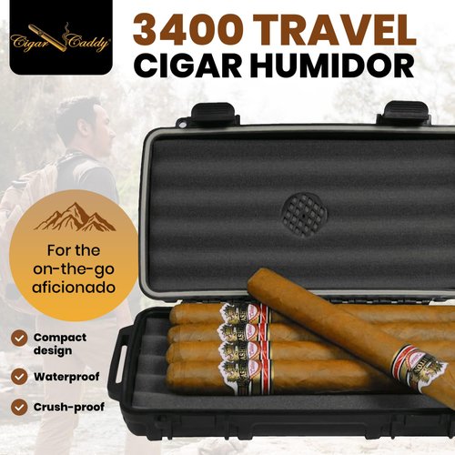 Cigar Caddy 3400 Matte Black Travel Cigar Humidor Case with Airtight Seal | Portable Humidor Box Cigar Travel Kit | Waterproof, Crush-Proof Cigar Holder with Humidifier Disc, Holds 5 Churchill Cigars