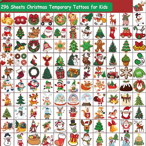 CHARLENT Christmas Temporary Tattoos for Kids - 296 PCS Christmas Individual Tattoos for Kids Christmas Xmas Party Favors, Stocking Stuffer, Christmas Eve Gift
