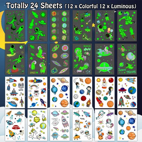 Leesgel Space Theme Birthday Party Favors Supplies, 240pcs Glow Space Kids Temporary Tattoos for Boys, 2 Type Planet Astronaut Rocket Decorations (Luminous + Color Printed)
