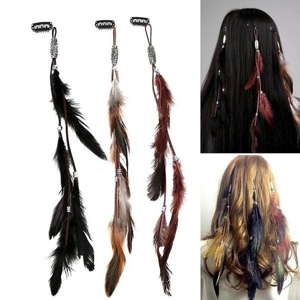 OBENIM HALIM Feather Hair Clips Boho Headband Wig Beaded Feather Headdress Hair Extensions Handmade Hair Clip Girl Hair Accessories for Women Lady