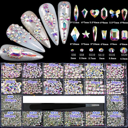 4880Pcs AB Nail Rhinestones Set, Round Beads Flatback Glass Gems Stones, Multi Shapes Rhinestones Nail Art 3D Crystals for Nail DIY Crafts Clothes Shoes Jewelry