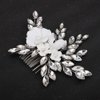 Teyglen White Flower Wedding Hair Comb Sparkly Silver Rhinestone Hair Piece Crystal Bridal Side Comb with Flower Floral Hair Accessories for Women(Silver)