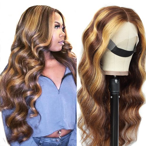 12A Honey Blonde Lace Front Wigs 13*6 T Lace Body Wave Human Hair Pre Plucked 4/27 Colored Highlight Transparent HD Lace Frontal Human Hair Wigs For Black Women 180% Density Ombre Colored Wigs (22")