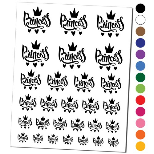 Princess Cursive with Crown and Hearts Temporary Tattoo Water Resistant Fake Body Art Set Collection - Black (One Sheet)