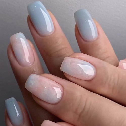 YoYoee Marble Nails Tips Short Coffin False Nails Gradient Press on Nails Full Cover Nude Cute Fa...