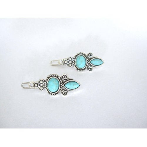 Generic Set of 2 extra small metal turquoise blue stone barrette hair clip for fine thin