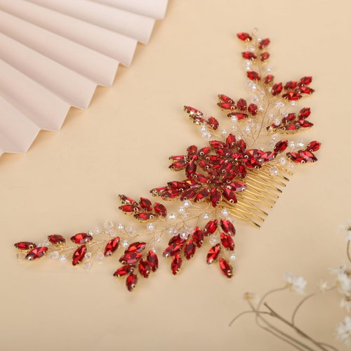 Rumtock Red Rhinestones Beads Hair Comb for Women Wedding Bridal Handmade Pearl Headpiece Special Occasion