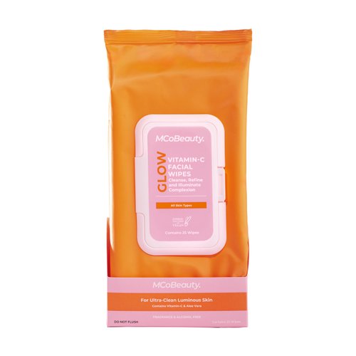 MCoBeauty Vitamin C Facial Wipes, Blend of Vitamin C, Hyaluronic Acid and Antioxidants, Pack of 25 Wipes, Vegan, Cruelty Free Cosmetics